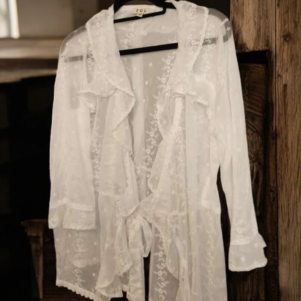 POL Sheer Tie-Front Blouse with Floral Embroidery – Size Medium - Picture 5 of 13